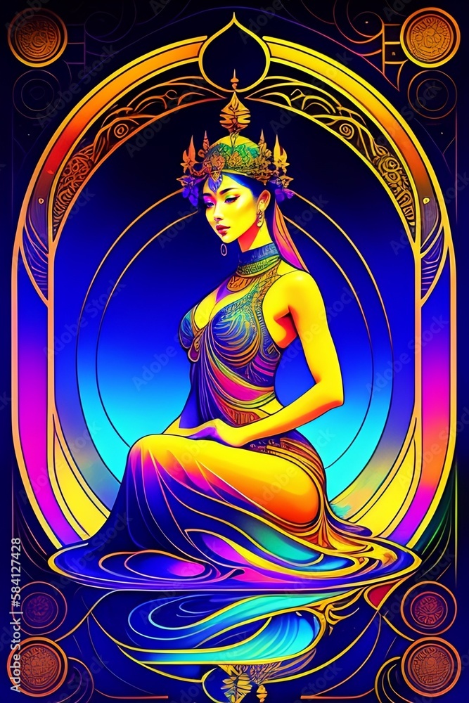 Colorful ink drawing, beautiful cyberpunk water lily girl meditating, abstract background Colorful ink drawing, beautiful cyberpunk water lily girl meditating, abstract background