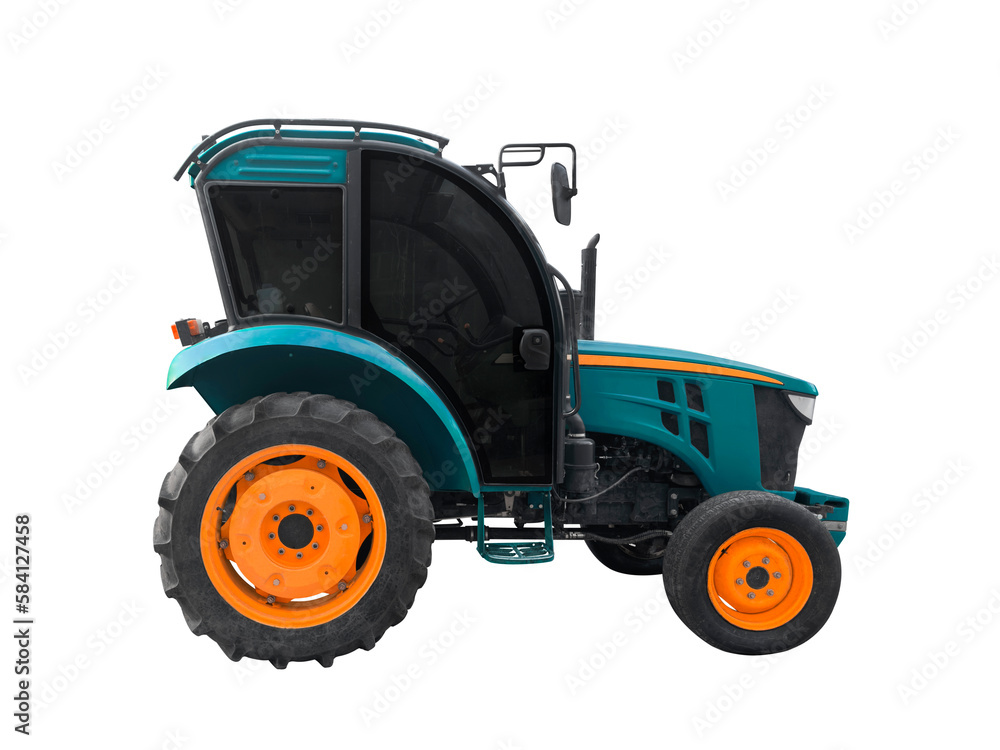 Obraz premium Tractor isolated on a white background. Green modern tractor. Industrial street tractor for road works with a bucket isolated