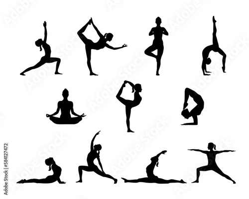 It is a silhouette of various poses of a woman doing yoga exercises. It is a black yoga exercise movement separated individually on a white background pursuing a healthy life.