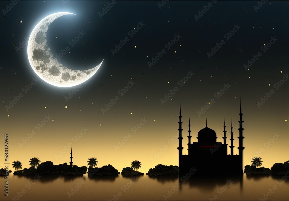 Mosque with moon as background, generative ai