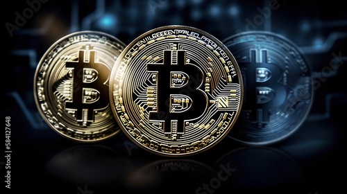 bitcoin gold coins with sign on top, crypto technology network lines copy space wallpaper, generative ai 