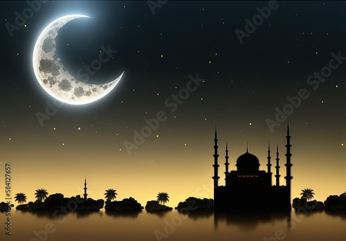 Mosque with moon as background, generative ai
