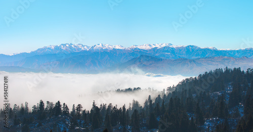 Misty view of the blue mountain range - Beautiful landscape with cascade blue mountains at the morning