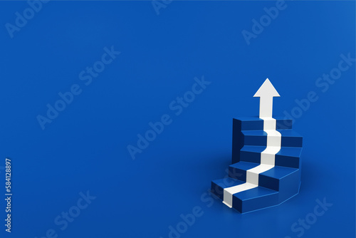 White arrow up with blue stair on blue floor background, 3D arrow climbing up over a staircase , 3d stairs with arrow going upward, 3d rendering