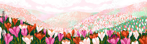 Meadow flowers, nature landscape panorama. Spring floral plants on hills. Lot of blossomed blooming delicate wildflowers, summer field scenery background, panoramic view. Flat vector illustration