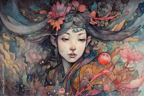 portrait of a woman in the forest, The girl with flowers on her head, beautiful and sad, beautiful oriental girl