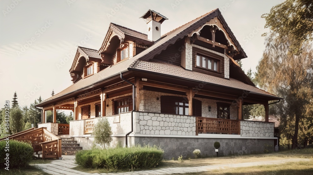 classic vintage unique villa exterior lying on the country, wooden material
