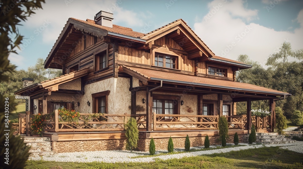 classic vintage unique villa exterior lying on the country, wooden material