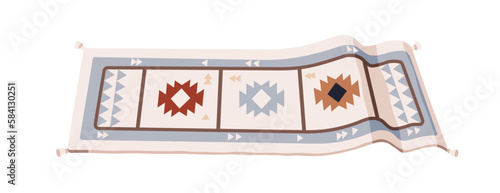 Floor rug, rectangle hallway mat with pattern, tassels, fringe decoration. Home hall passage, corridor carpet design for trendy interior. Flat graphic vector illustration isolated on white background