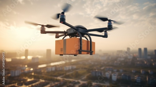Modern delivery drone flying around the city at sunset, autonomous delivery packages robot, business air transportation. Generative AI
