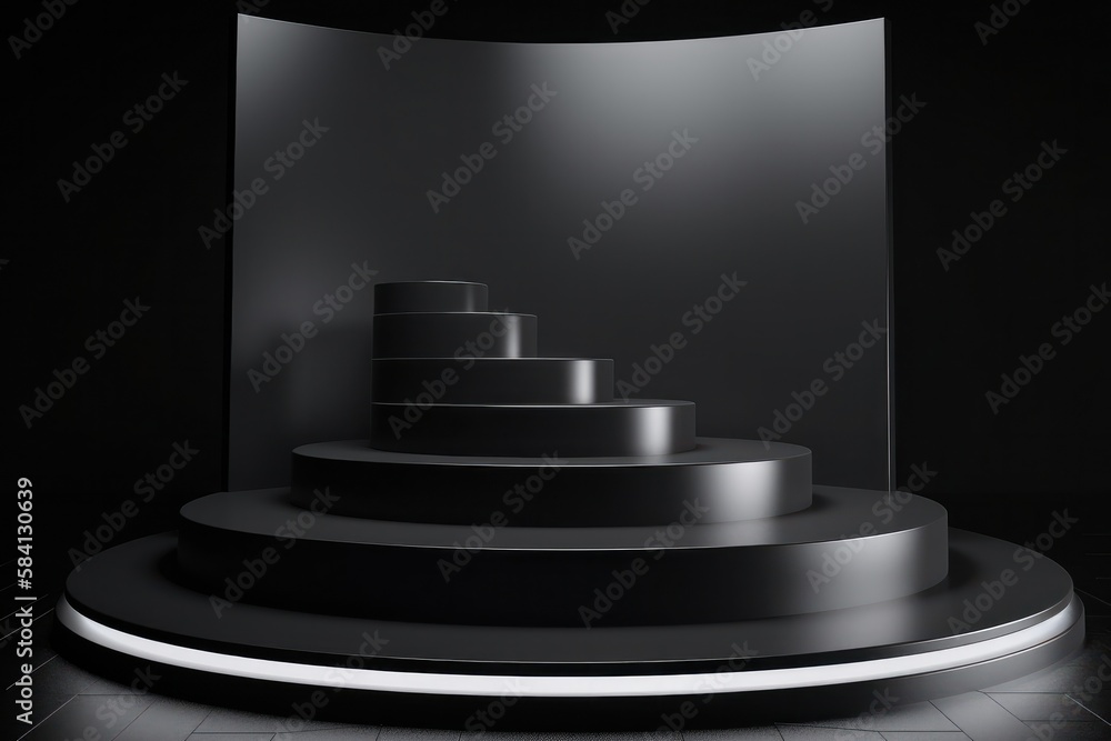 Obraz premium Black podium with three steps in dark room, 3d render illustration