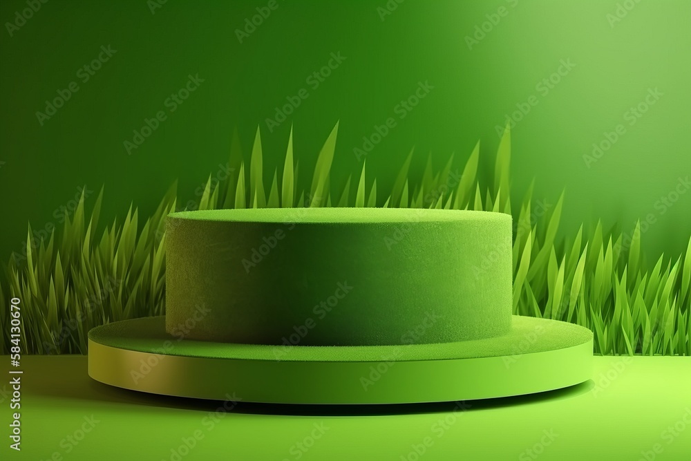 3d render, abstract background with green podiums and grass. Stock ...