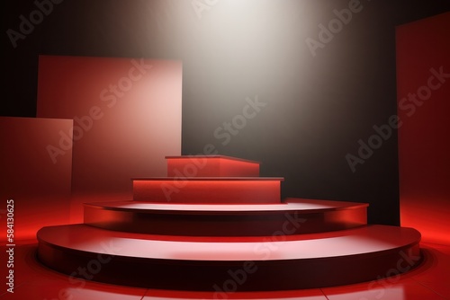 3d rendering red podium in dark room with light from the window