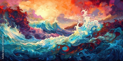 Colorful sunset seascape surreal hurricane stormy sea, turbulent ocean surf, high waves crashing, dramatic fiery clouds - generative AI