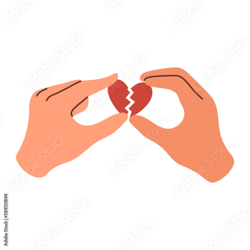 Reconciliation concept. Cupid couple reconciles, broken heart. Restore love. Red broken heart in hands men and women