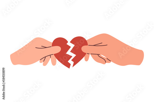 Reconciliation concept. Cupid couple reconciles, broken heart. Restore love. Red broken heart in hands men and women