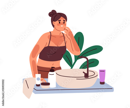 Sad woman looking at skin sunburns. Reddish spotted burns on body and face of upset sunbathed person. Unhappy suntanned girl, sun burns. Flat graphic vector illustration isolated on white background