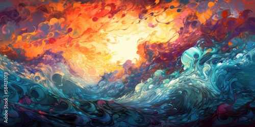 Colorful sunset seascape surreal hurricane stormy sea, turbulent ocean surf, high waves crashing, dramatic fiery clouds - generative AI