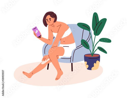 Skin care with sunscreen cream. Woman applying sunblock, summer body moisturizer, sun block for UV protection, suntan prevention. Flat graphic vector illustration isolated on white background