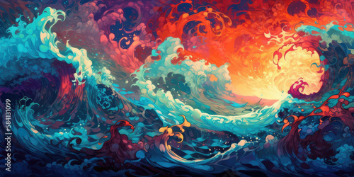 Colorful sunset seascape surreal hurricane stormy sea, turbulent ocean surf, high waves crashing, dramatic fiery clouds - generative AI © SoulMyst