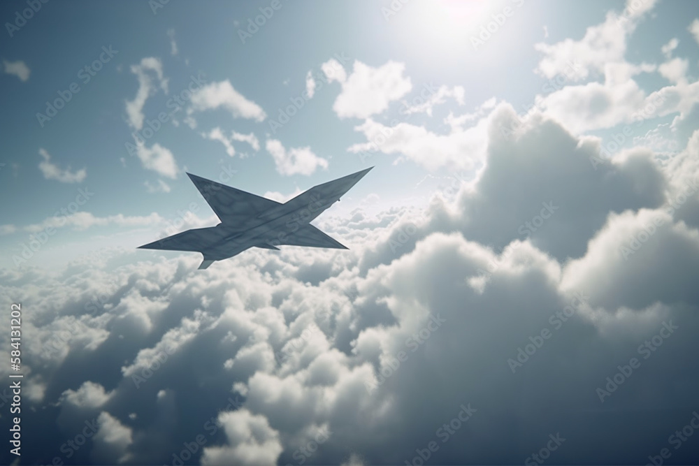 paper military fighter flying among the clouds, Generative AI paper military fighter flying among the clouds, Generative AI