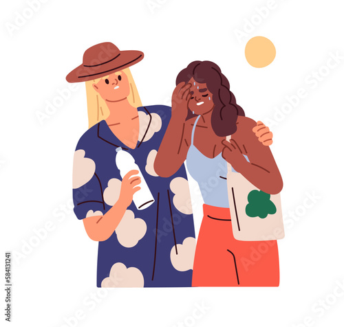 Overheated woman suffering from heat, summer sun, hot weather outdoors. Dehydration, sunstroke, heatstroke, high temperature exhaustion. Flat graphic vector illustration isolated on white background