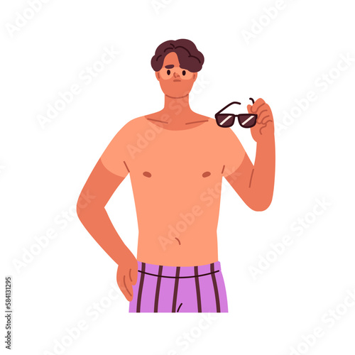 Man with skin sunburns. Funny summer burns on body after sunbath, sun overexposure. Person in sunglasses with reddish UV burnt spots. Flat graphic vector illustration isolated on white background