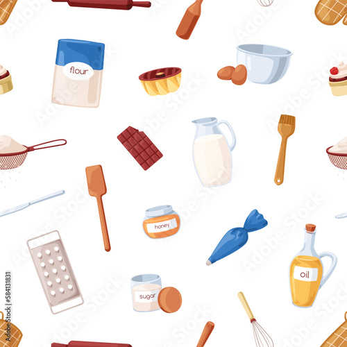 Baking ingredients, cooking tools, seamless pattern. Repeating print, kitchen...