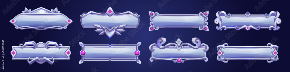 Button Border Design Buttons with fantasy frame for game UI design. Silver banners or title ...