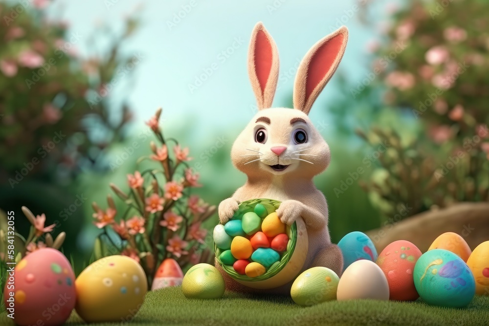 Easter bunny with basket of colorful eggs. 3D illustration. Easter bunny with basket of colorful eggs. 3D illustration.