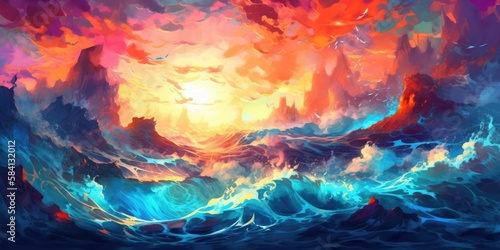Colorful sunset seascape surreal hurricane stormy sea, turbulent ocean surf, high waves crashing, dramatic fiery clouds - generative AI © SoulMyst