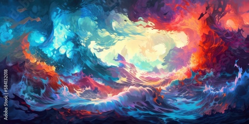 Colorful sunset seascape surreal hurricane stormy sea, turbulent ocean surf, high waves crashing, dramatic fiery clouds - generative AI