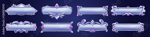 Buttons with fantasy frame for game UI design. Silver banners or title bars with decorative borders in ancient medieval style, vector cartoon set isolated on background
