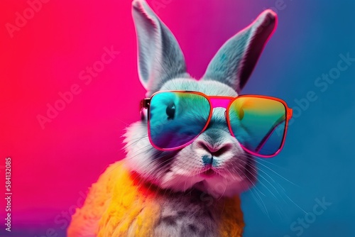 Funny rabbit with sunglasses on a colorful background.