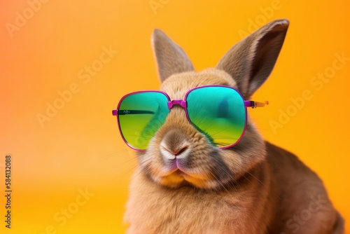 Funny rabbit wearing sunglasses on orange background. Easter holiday concept.