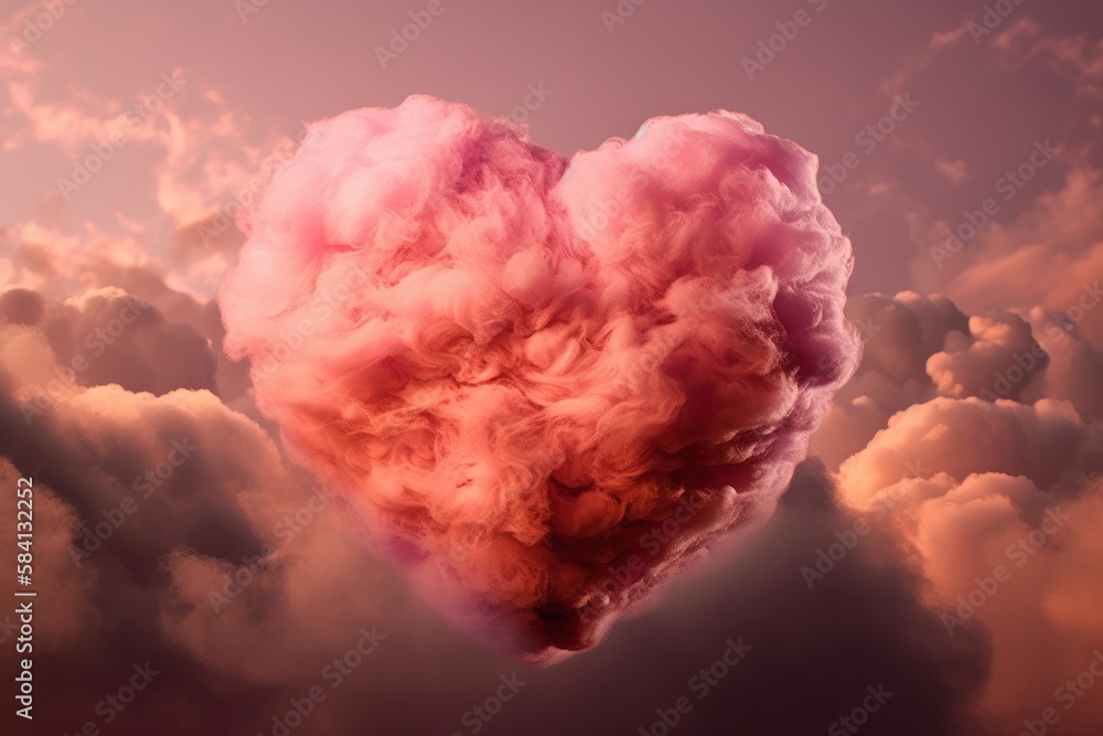 Heart shaped cloud with sunset sky background. 3d render illustration.