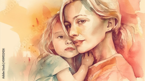 Mothers Day Watercolor Illustration of Woman Holding Child, Motherhood Background in Light Pastel Colors, Celebrating Moms, Birth and Nurturing - Generative AI