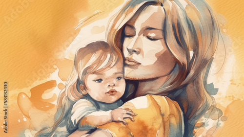 Mothers Day Watercolor Illustration of Woman Holding Child, Motherhood Background in Light Pastel Colors, Celebrating Moms, Birth and Nurturing - Generative AI