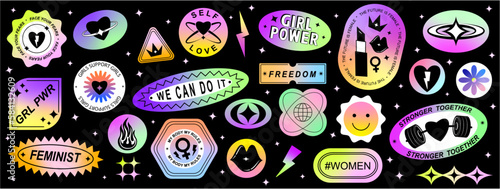 Set Collection of elements patches, labels, tags, stickers, and stamps.  Self-love, girl power, female, feminist, girls support girls. Vector set, trendy