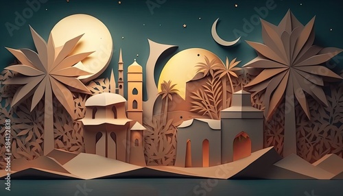 Paper art illustration of a mosque with intricate cutouts