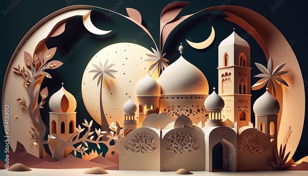 Paper art illustration of a mosque with intricate details, generative ai