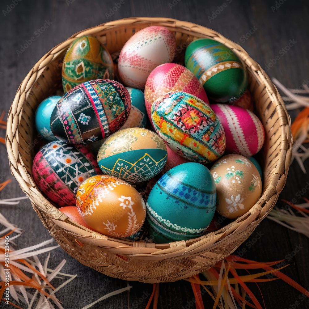 Basket of colorful Easter Eggs, Basket of colorful Easter Eggs,