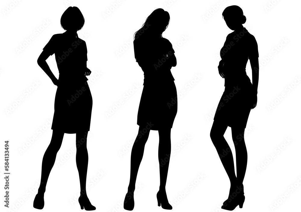 ビジネスシーンの女性3人シルエット 腕組みポーズの全身正面イラストセット