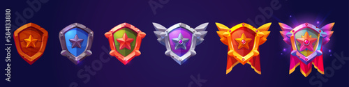 Game rank badge level icon set. Rating medal shield with star cartoon vector illustration. Ui achievement gold trophy bonus award. Reward label military design. Fantasy insignia tag interface element.