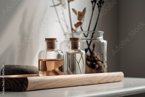 Fragrance stick in bottle on wooden shelf against white wall. Minimalist living room interior design features. Luxury apartment design. Home fragrance. Generative AI