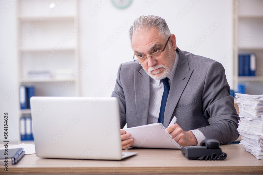 Old male employee working in the office Old male employee working in the office