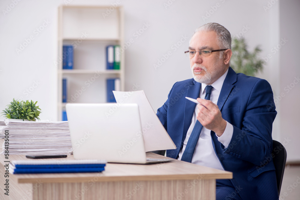 Old male employee working in the office Old male employee working in the office