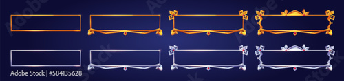 Cartoon set of medieval frames for game ui design. Vector illustration of golden, silver, or steel borders decorated with gems and metal ornament isolated on background. User interface elements