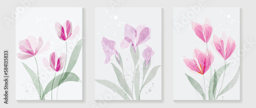 Abstract floral cover background vector. Set of spring plant hand drawn template with flowers, leaves, wildflower. Colorful watercolor texture design for wallpaper, banner, prints, interior, poster.