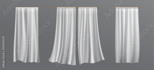Realistic set of white curtains hanging isolated on transparent background. Vector illustration of silk fabric sheets, veil fluttering in wind. Home textile, light drapery, interior design elements
